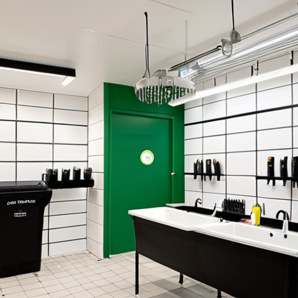 **

Prompt:  A bright, modern hair salon in the Netherlands. Focus on sustainability, showcasing water-saving showerheads, LED lighting, and clearly labeled recycling bins.  Stylists are efficiently using products with measuring tools.  Overall feeling of eco-consciousness and smart business. Interior design emphasizing Dutch minimalism.

**