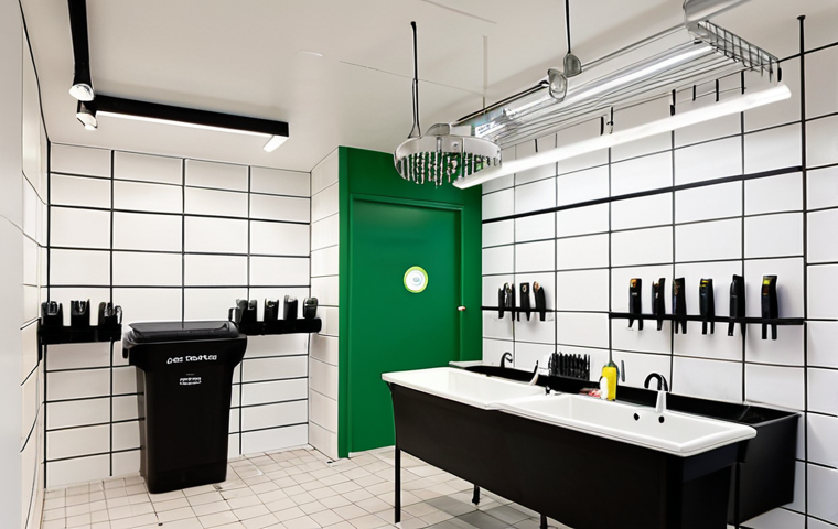 **
Prompt: A bright, modern hair salon in the Netherlands. Focus on sustainability, showcasing water-saving showerheads, LED lighting, and clearly labeled recycling bins. Stylists are efficiently using products with measuring tools. Overall feeling of eco-consciousness and smart business. Interior design emphasizing Dutch minimalism.
**