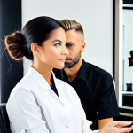 A professional female hair stylist, fully clothed in a modest, contemporary uniform, meticulously styling a client's hair in a brightly lit, modern hair salon. The stylist is demonstrating a technique for a video tutorial, with soft studio lighting set up to enhance visibility for filming. The client is seated, exhibiting a natural and comfortable pose. The background features clean, minimalist salon decor with high-quality hair products neatly displayed. The image should convey a sense of expertise, calm professionalism, and a focus on educational content. perfect anatomy, correct proportions, natural pose, well-formed hands, proper finger count, natural body proportions, professional photography, high quality, safe for work, appropriate content, modest, family-friendly.