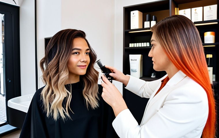 Modern Hair Salon Interior**

"A bright and modern hair salon in Amsterdam, Netherlands, featuring a stylist consulting with a client about color techniques. The stylist is demonstrating balayage, ombre, and babylights examples on a hair swatch. Shelves display a variety of organic and vegan hair care products. Soft, diffused lighting.  Safe for work, appropriate content, fully clothed stylists and client, professional environment, perfect anatomy, natural proportions, professional photography, high quality."

**