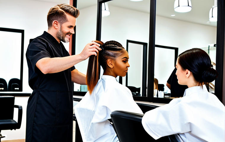 헤어디자이너 팀워크 중요성 - **Prompt:** "A vibrant and modern hair salon interior, team members collaborating with smiles, clien...
