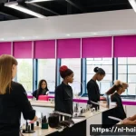 Home 14 헤어디자이너 실습학교 후기 - **A vibrant hairdressing academy classroom scene.**
* **Subject:** A diverse group of young ad...