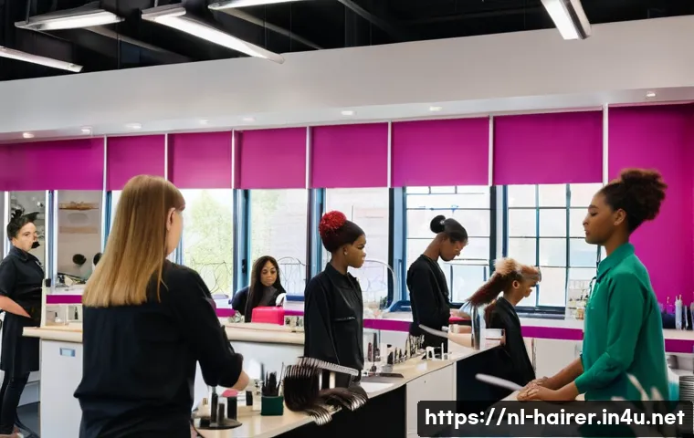 헤어디자이너 실습학교 후기 - **A vibrant hairdressing academy classroom scene.**
    *   **Subject:** A diverse group of young ad...