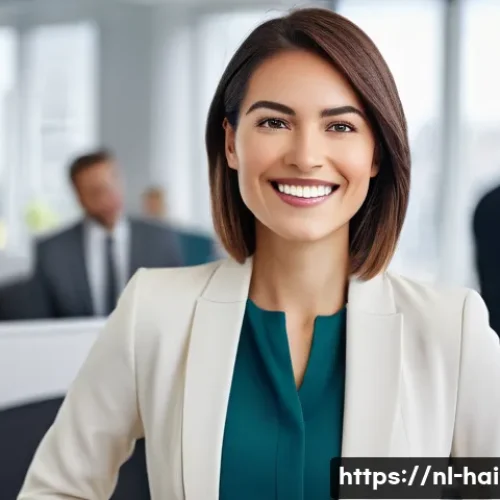 Home 13 헤어디자이너 이직 성공 사례 - A confident woman in her early 30s, with a stylish, modern haircut, stands in a brightly lit, contem...