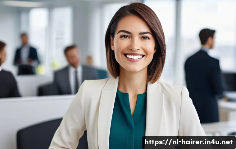 헤어디자이너 이직 성공 사례 - A confident woman in her early 30s, with a stylish, modern haircut, stands in a brightly lit, contem...