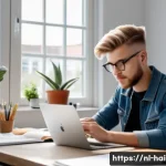 Home 19 헤어디자이너 필기시험 준비법 - A focused young adult Dutch hairstylist student studying at a tidy desk with books and notes about h...