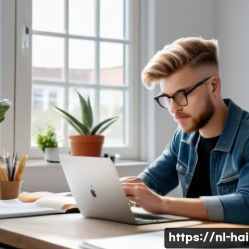 Home 31 헤어디자이너 필기시험 준비법 - A focused young adult Dutch hairstylist student studying at a tidy desk with books and notes about h...