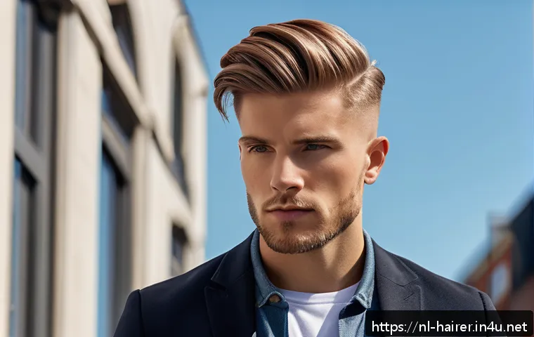 헤어디자이너 남성 헤어스타일링 - A stylish Dutch man with a modern undercut featuring a smooth fade between the longer top and short ...