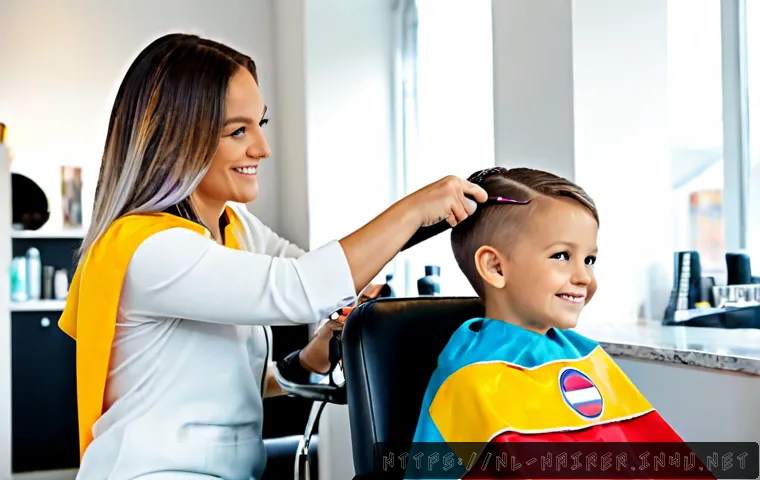 헤어디자이너 어린이 헤어컷 방법 - Photorealistic Dutch family hair salon, friendly professional hairstylist carefully trimming a smili...