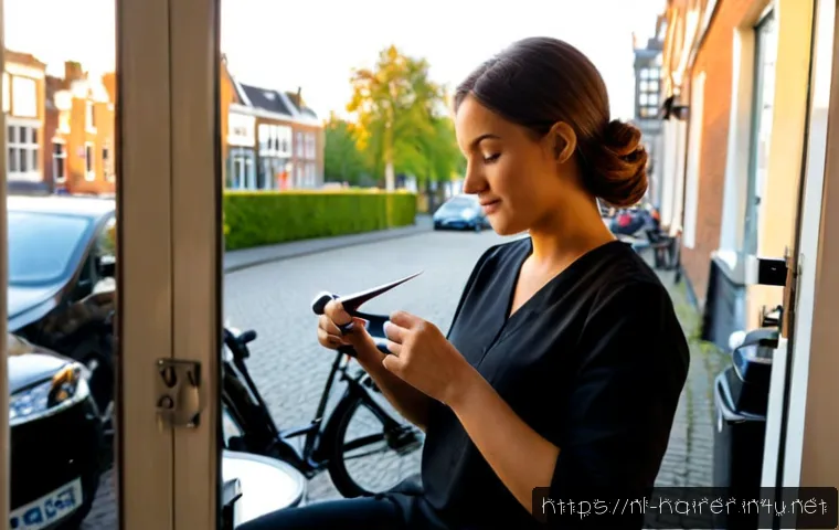 Home 17 헤어디자이너 근무시간과 워라밸 - Photorealistic Dutch hair salon at early evening, a relaxed female hairdresser in modest professiona...